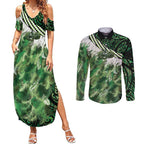 Green Traditional Cloak Aotearoa Couples Matching Summer Maxi Dress and Long Sleeve Button Shirt Maori Paua Shell Korowai Pattern