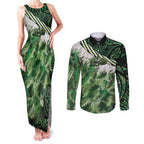 Green Traditional Cloak Aotearoa Couples Matching Tank Maxi Dress and Long Sleeve Button Shirt Maori Paua Shell Korowai Pattern