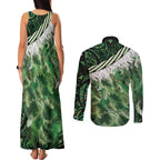 Green Traditional Cloak Aotearoa Couples Matching Tank Maxi Dress and Long Sleeve Button Shirt Maori Paua Shell Korowai Pattern