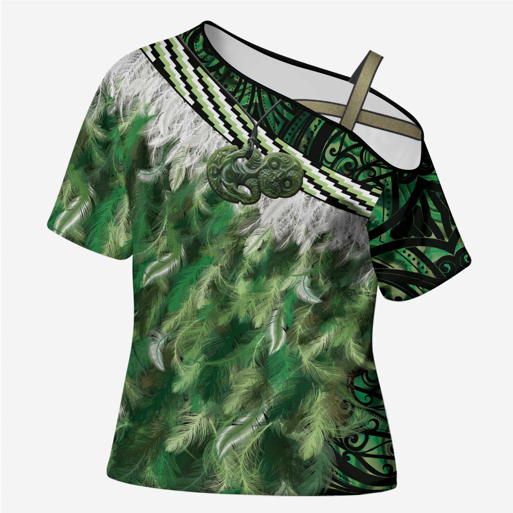 Green Traditional Cloak Aotearoa Cross Shoulder Shirt Maori Paua Shell Korowai Pattern - Aussie Hoodie