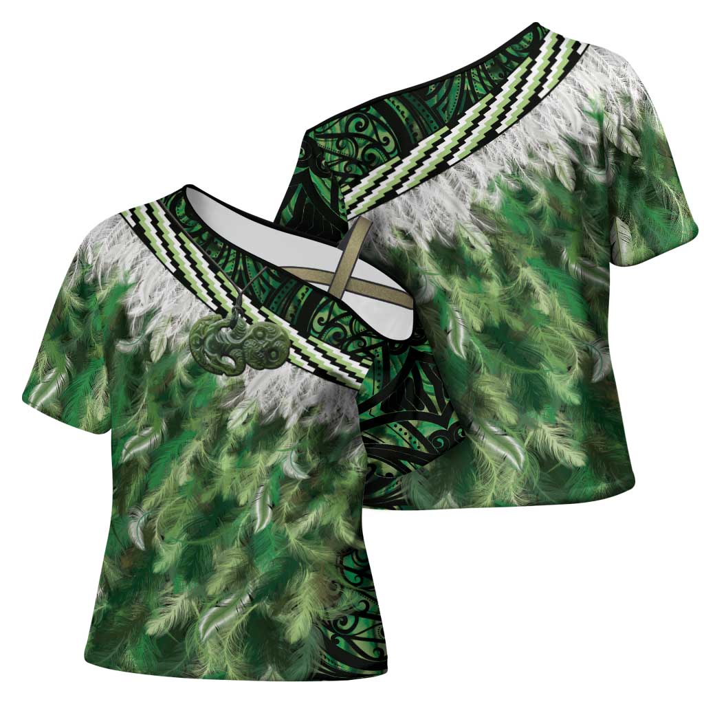 Green Traditional Cloak Aotearoa Cross Shoulder Shirt Maori Paua Shell Korowai Pattern - Aussie Hoodie