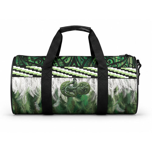 Green Traditional Cloak Aotearoa Duffle Bag Maori Paua Shell Korowai Pattern