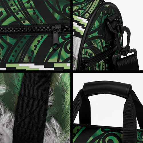 Green Traditional Cloak Aotearoa Duffle Bag Maori Paua Shell Korowai Pattern