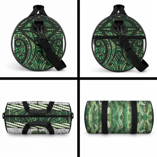 Green Traditional Cloak Aotearoa Duffle Bag Maori Paua Shell Korowai Pattern