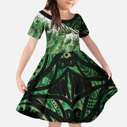 Green Traditional Cloak Aotearoa Family Matching Long Sleeve Bodycon Dress and Hawaiian Shirt Maori Paua Shell Korowai Pattern