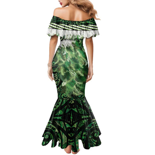 Green Traditional Cloak Aotearoa Family Matching Mermaid Dress and Hawaiian Shirt Maori Paua Shell Korowai Pattern