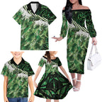 Green Traditional Cloak Aotearoa Family Matching Off The Shoulder Long Sleeve Dress and Hawaiian Shirt Maori Paua Shell Korowai Pattern