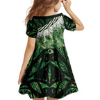 Green Traditional Cloak Aotearoa Family Matching Off Shoulder Maxi Dress and Hawaiian Shirt Maori Paua Shell Korowai Pattern