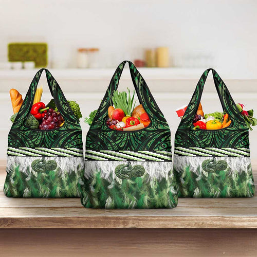 Green Traditional Cloak Aotearoa Grocery Bag Maori Paua Shell Korowai Pattern