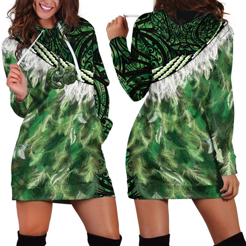 Green Traditional Cloak Aotearoa Hoodie Dress Maori Paua Shell Korowai Pattern