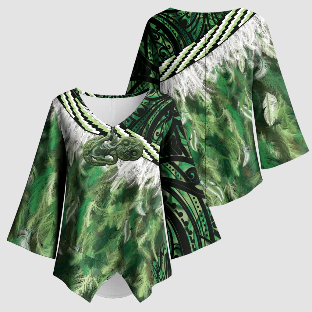 Green Traditional Cloak Aotearoa Kimono Sleeve Blouse Maori Paua Shell Korowai Pattern - Aussie Hoodie