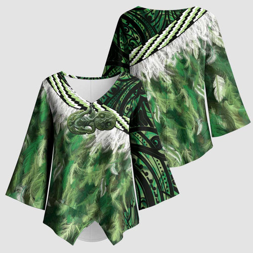 Green Traditional Cloak Aotearoa Kimono Sleeve Blouse Maori Paua Shell Korowai Pattern - Aussie Hoodie