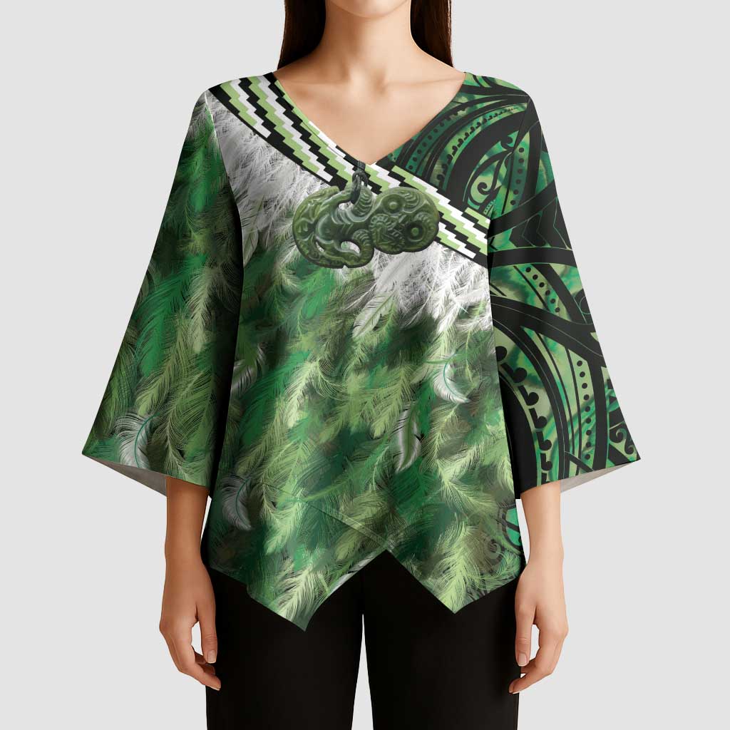 Green Traditional Cloak Aotearoa Kimono Sleeve Blouse Maori Paua Shell Korowai Pattern - Aussie Hoodie
