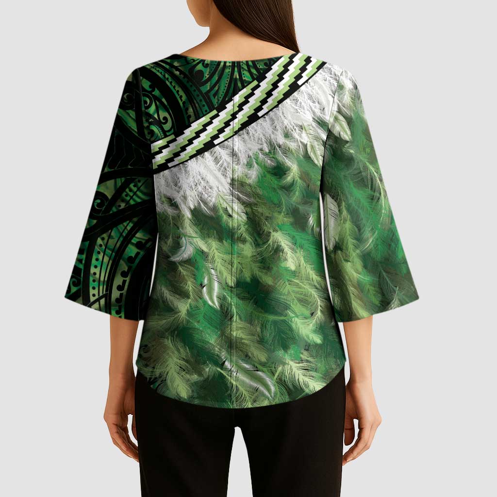 Green Traditional Cloak Aotearoa Kimono Sleeve Blouse Maori Paua Shell Korowai Pattern - Aussie Hoodie