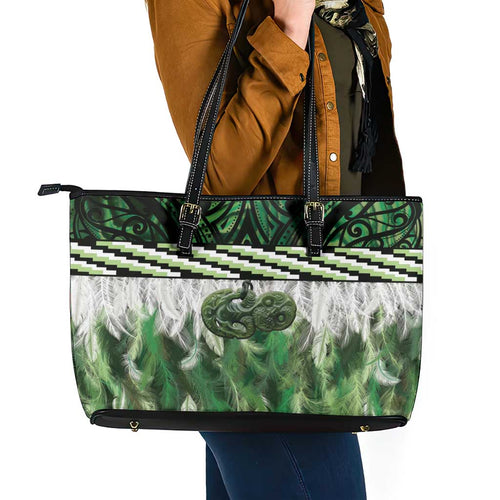 Green Traditional Cloak Aotearoa Leather Tote Bag Maori Paua Shell Korowai Pattern