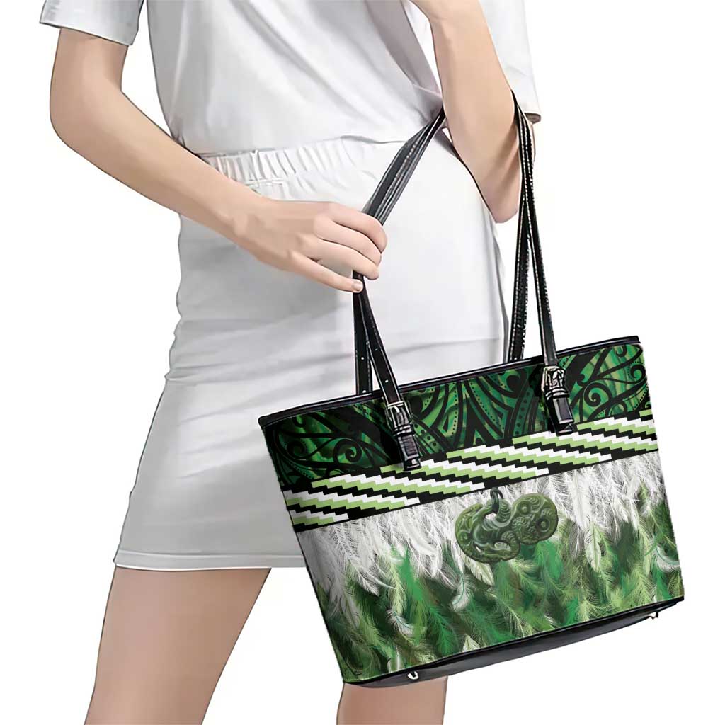 Green Traditional Cloak Aotearoa Leather Tote Bag Maori Paua Shell Korowai Pattern