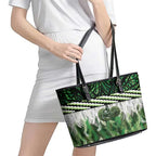Green Traditional Cloak Aotearoa Leather Tote Bag Maori Paua Shell Korowai Pattern