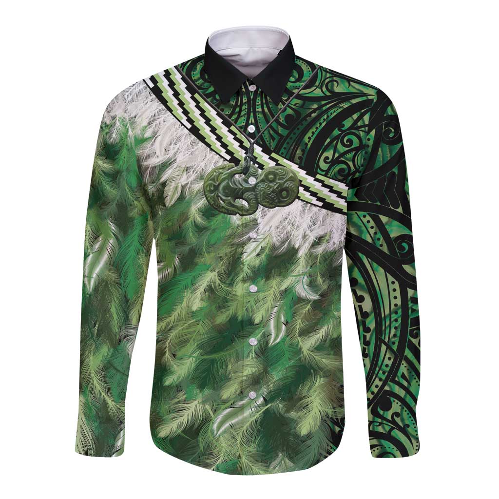 Green Traditional Cloak Aotearoa Long Sleeve Button Shirt Maori Paua Shell Korowai Pattern