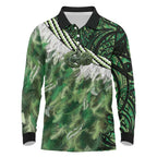 Green Traditional Cloak Aotearoa Long Sleeve Polo Shirt Maori Paua Shell Korowai Pattern