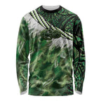 Green Traditional Cloak Aotearoa Long Sleeve Shirt Maori Paua Shell Korowai Pattern