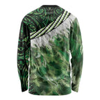 Green Traditional Cloak Aotearoa Long Sleeve Shirt Maori Paua Shell Korowai Pattern
