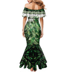 Green Traditional Cloak Aotearoa Mermaid Dress Maori Paua Shell Korowai Pattern