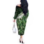 Green Traditional Cloak Aotearoa Off The Shoulder Long Sleeve Dress Maori Paua Shell Korowai Pattern