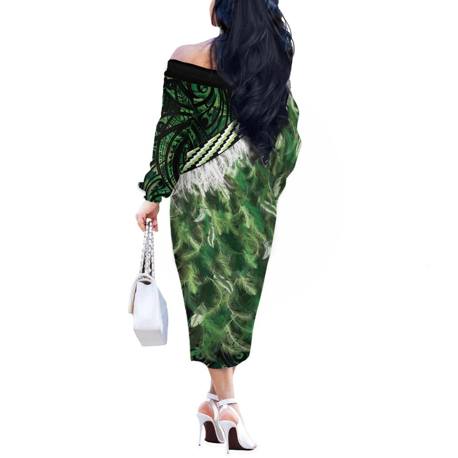 Green Traditional Cloak Aotearoa Off The Shoulder Long Sleeve Dress Maori Paua Shell Korowai Pattern
