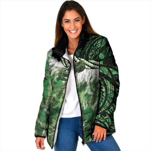 Green Traditional Cloak Aotearoa Padded Jacket Maori Paua Shell Korowai Pattern - Aussie Hoodie