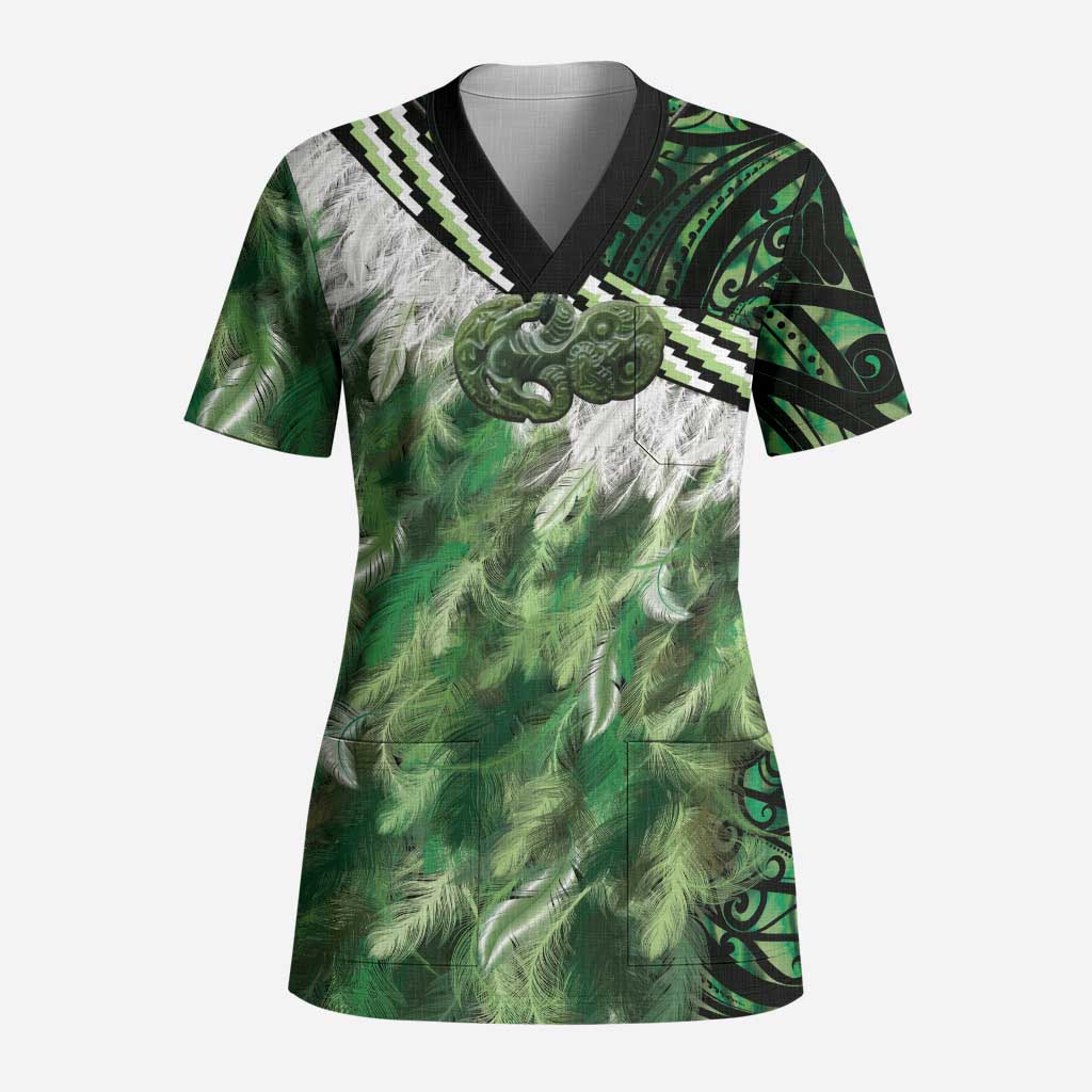 Green Traditional Cloak Aotearoa Scrub Top Maori Paua Shell Korowai Pattern - Aussie Hoodie