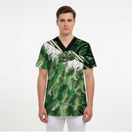 Green Traditional Cloak Aotearoa Scrub Top Maori Paua Shell Korowai Pattern - Aussie Hoodie