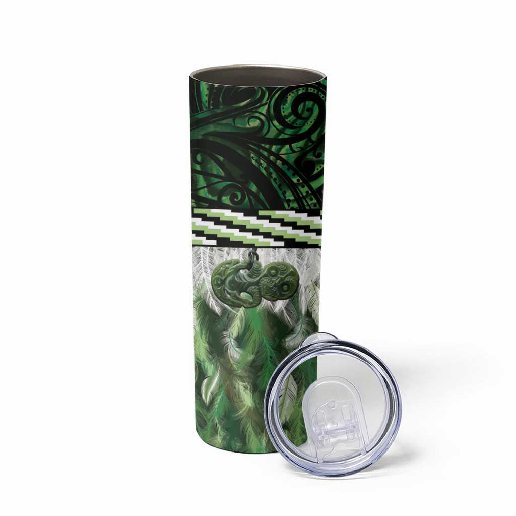 Green Traditional Cloak Aotearoa Skinny Tumbler Maori Paua Shell Korowai Pattern