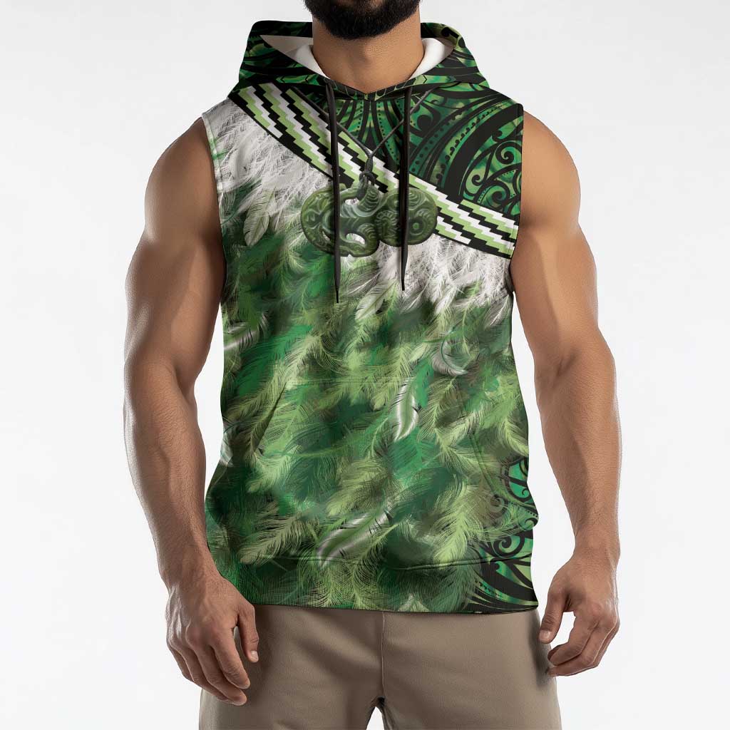 Green Traditional Cloak Aotearoa Sleeveless Hoodie Maori Paua Shell Korowai Pattern - Aussie Hoodie