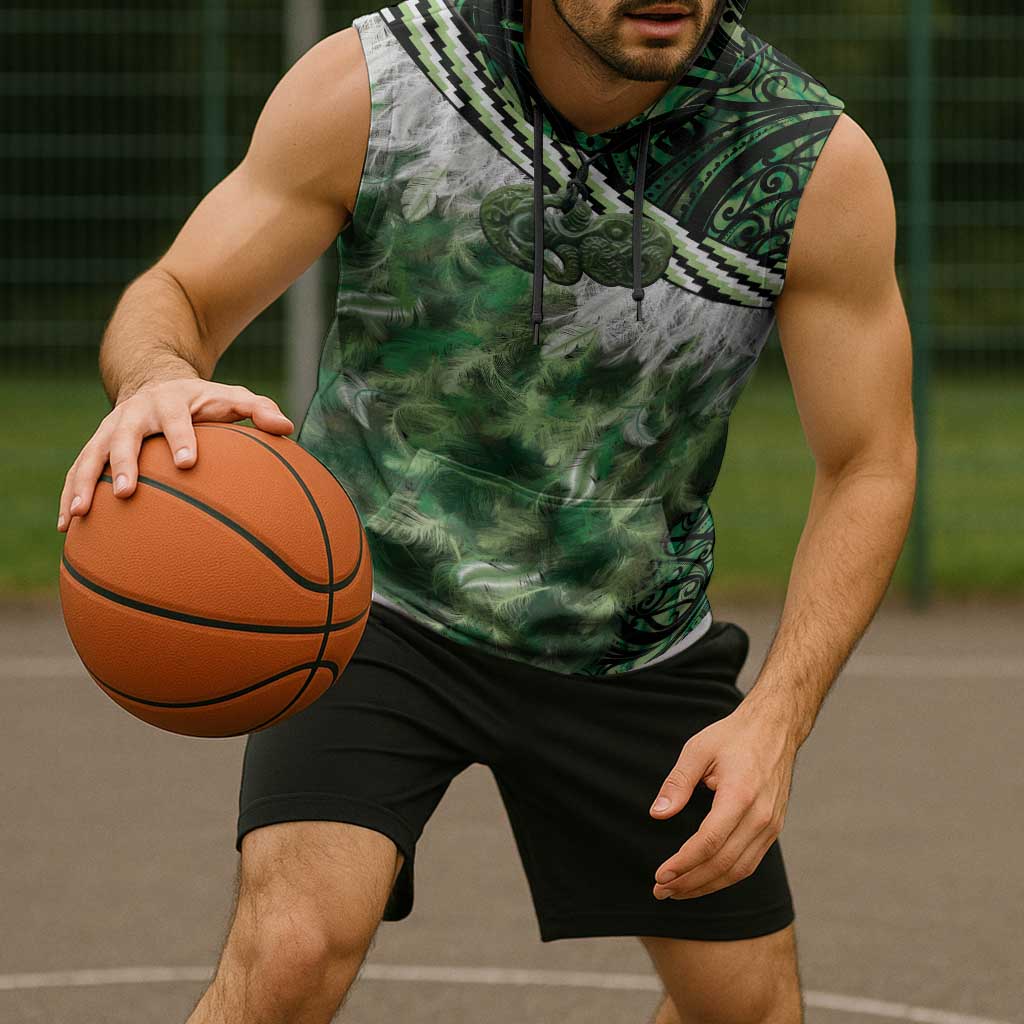 Green Traditional Cloak Aotearoa Sleeveless Hoodie Maori Paua Shell Korowai Pattern - Aussie Hoodie