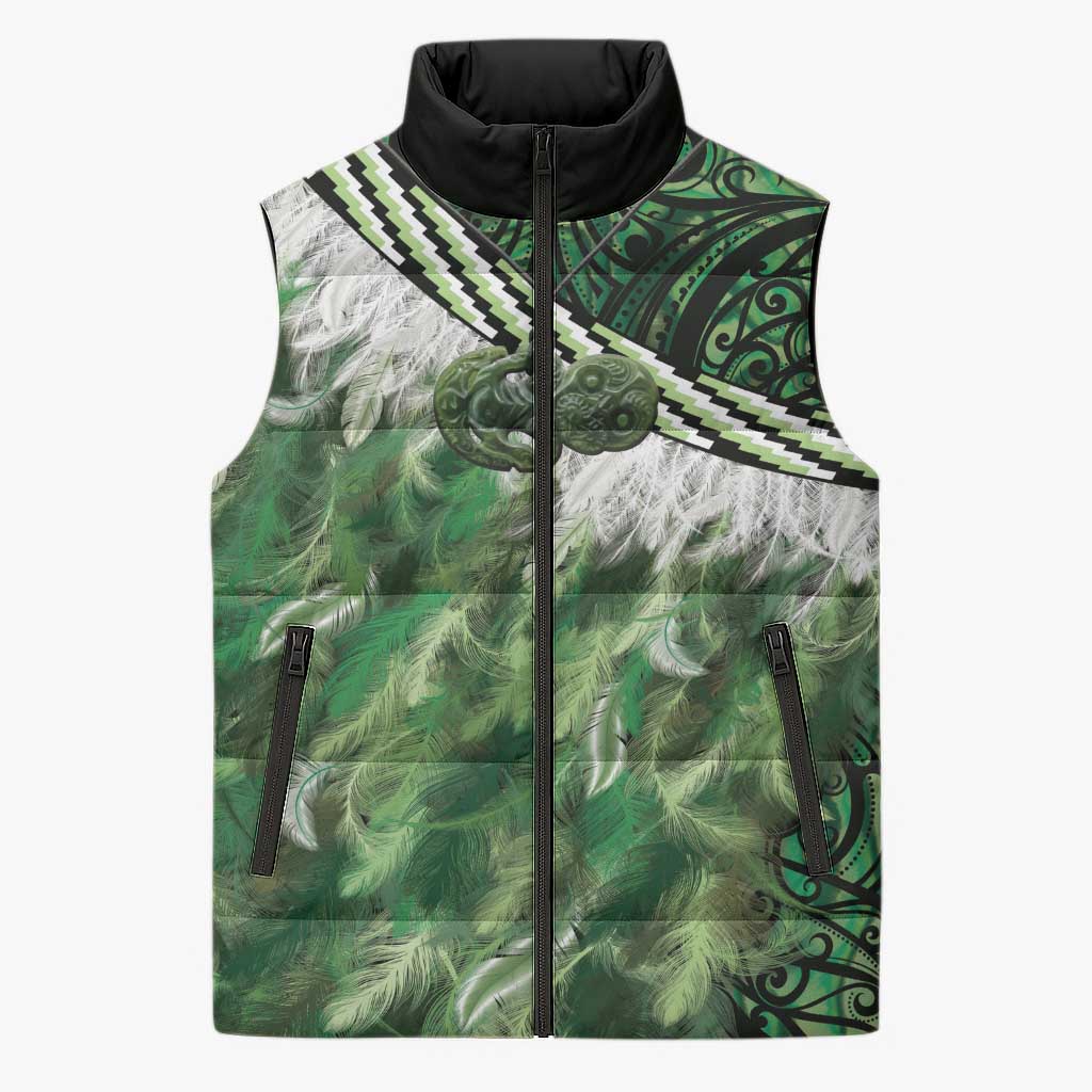 Green Traditional Cloak Aotearoa Sleeveless Puffer Jacket Maori Paua Shell Korowai Pattern - Aussie Hoodie