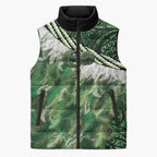 Green Traditional Cloak Aotearoa Sleeveless Puffer Jacket Maori Paua Shell Korowai Pattern - Aussie Hoodie