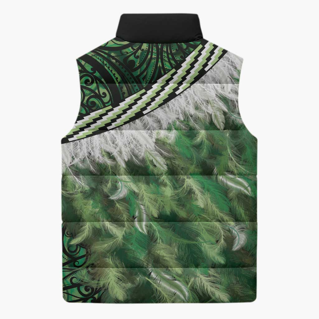 Green Traditional Cloak Aotearoa Sleeveless Puffer Jacket Maori Paua Shell Korowai Pattern - Aussie Hoodie