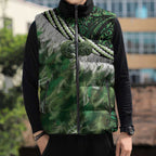 Green Traditional Cloak Aotearoa Sleeveless Puffer Jacket Maori Paua Shell Korowai Pattern - Aussie Hoodie