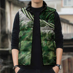 Green Traditional Cloak Aotearoa Sleeveless Puffer Jacket Maori Paua Shell Korowai Pattern - Aussie Hoodie
