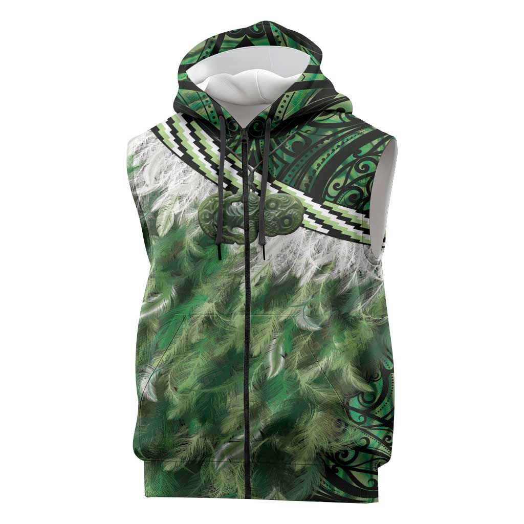Green Traditional Cloak Aotearoa Sleeveless Zip Hoodie Maori Paua Shell Korowai Pattern LT14
