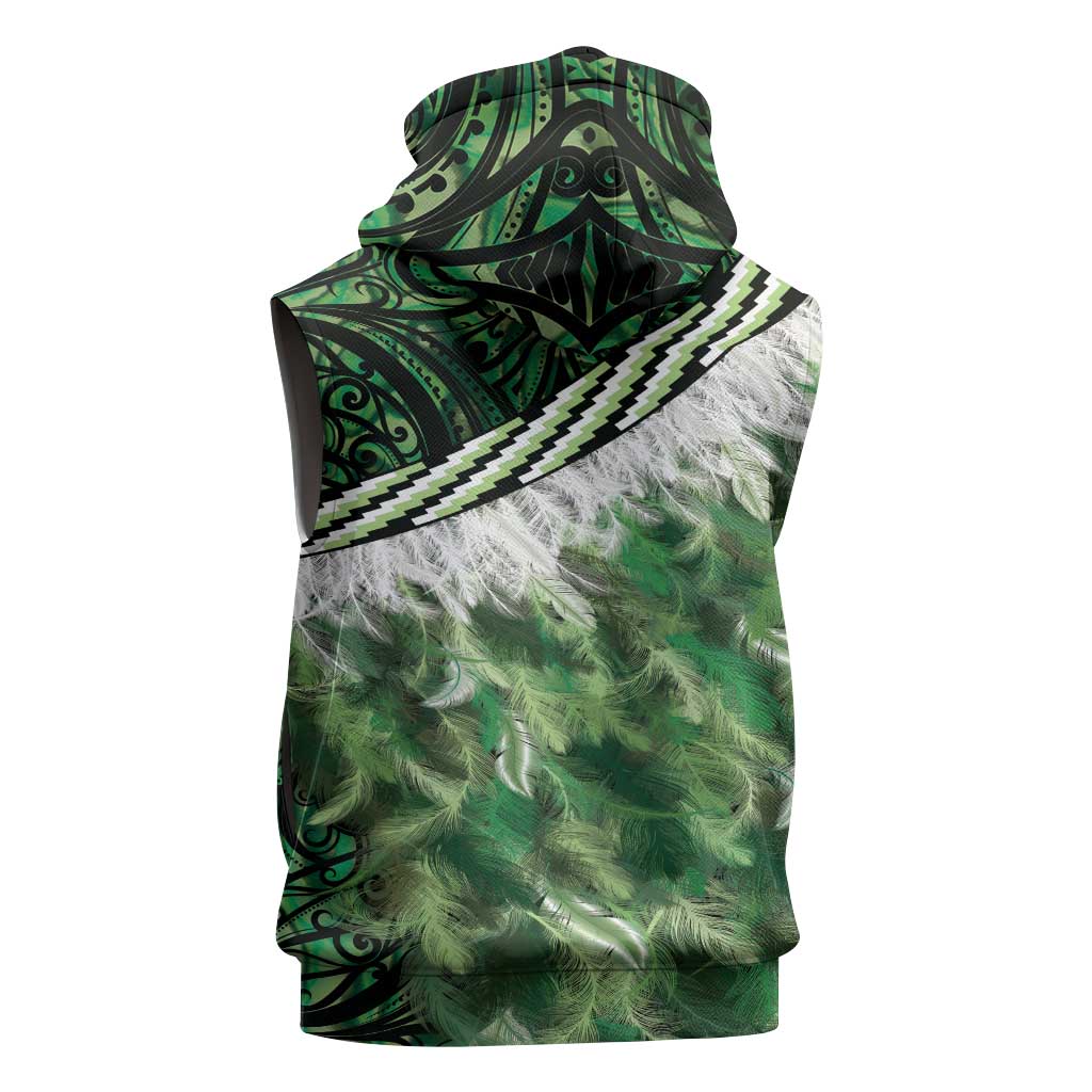 Green Traditional Cloak Aotearoa Sleeveless Zip Hoodie Maori Paua Shell Korowai Pattern LT14