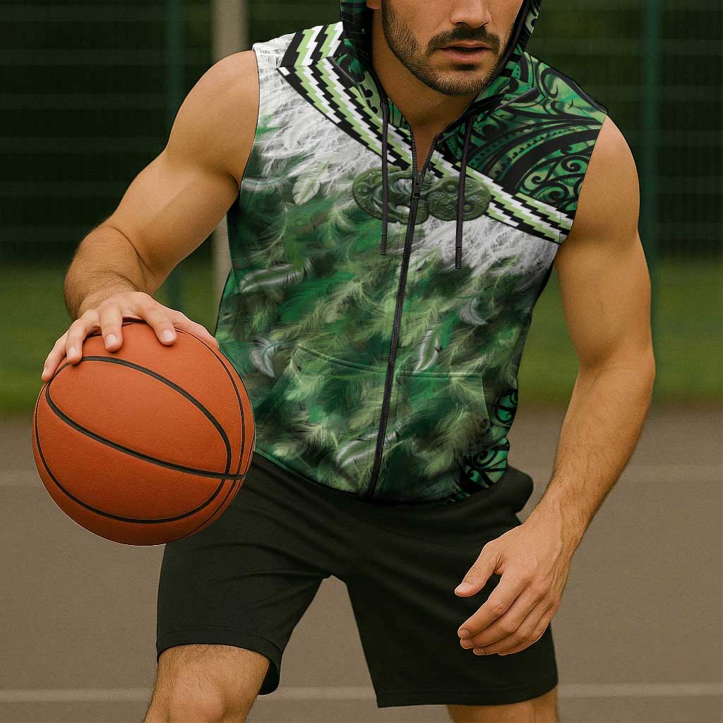Green Traditional Cloak Aotearoa Sleeveless Zip Hoodie Maori Paua Shell Korowai Pattern LT14