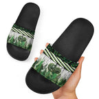 Green Traditional Cloak Aotearoa Slide Sandals Maori Paua Shell Korowai Pattern - Aussie Hoodie