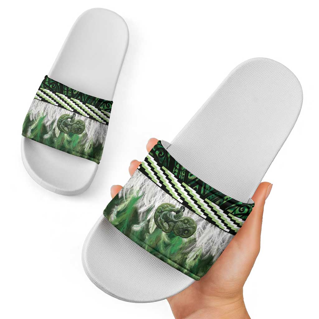 Green Traditional Cloak Aotearoa Slide Sandals Maori Paua Shell Korowai Pattern - Aussie Hoodie