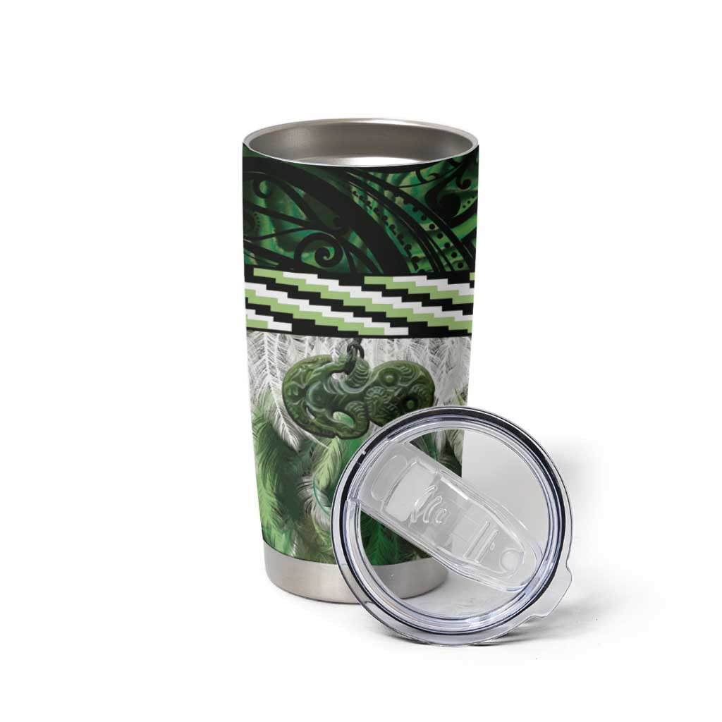 Green Traditional Cloak Aotearoa Tumbler Cup Maori Paua Shell Korowai Pattern