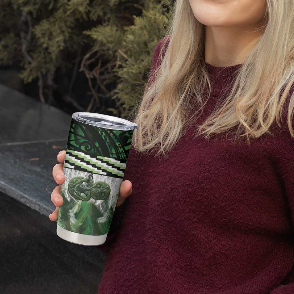 Green Traditional Cloak Aotearoa Tumbler Cup Maori Paua Shell Korowai Pattern