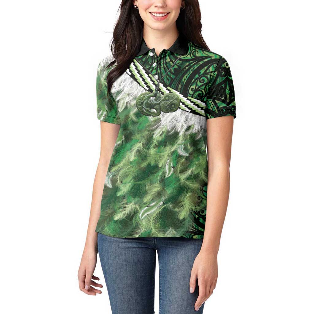 Green Traditional Cloak Aotearoa Women Polo Shirt Maori Paua Shell Korowai Pattern