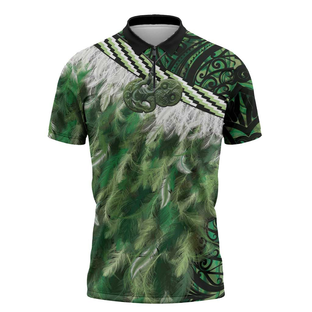Green Traditional Cloak Aotearoa Zipper Polo Shirt Maori Paua Shell Korowai Pattern - Aussie Hoodie