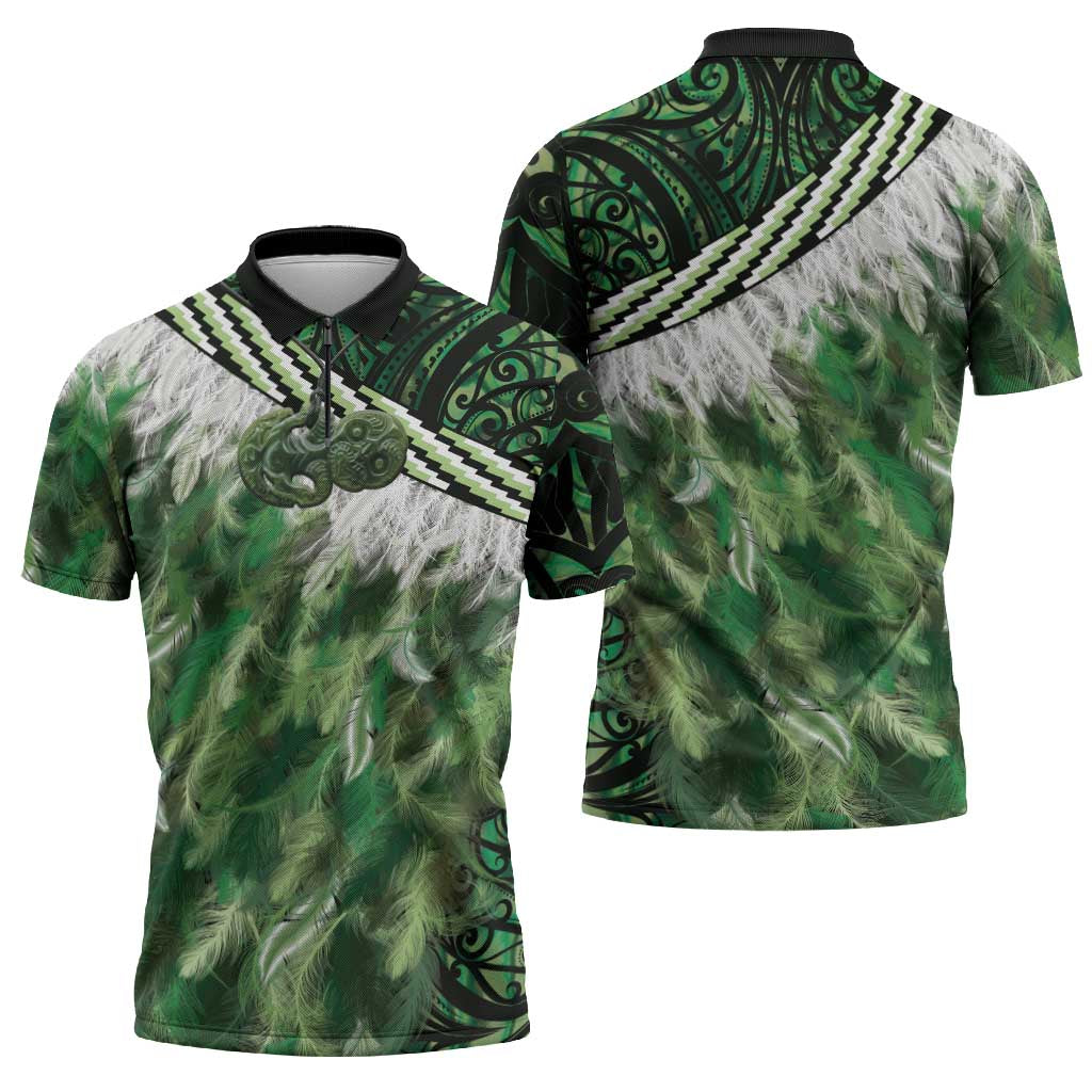 Green Traditional Cloak Aotearoa Zipper Polo Shirt Maori Paua Shell Korowai Pattern - Aussie Hoodie