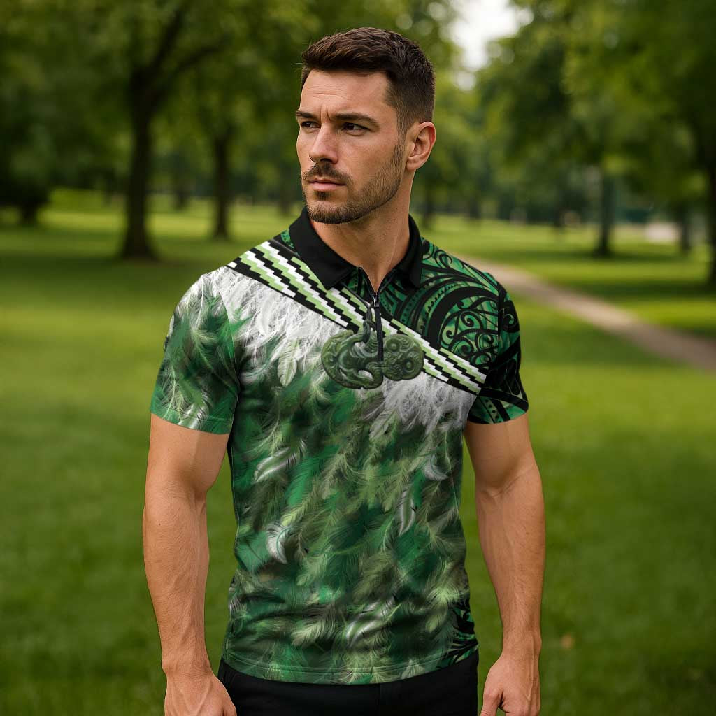 Green Traditional Cloak Aotearoa Zipper Polo Shirt Maori Paua Shell Korowai Pattern - Aussie Hoodie